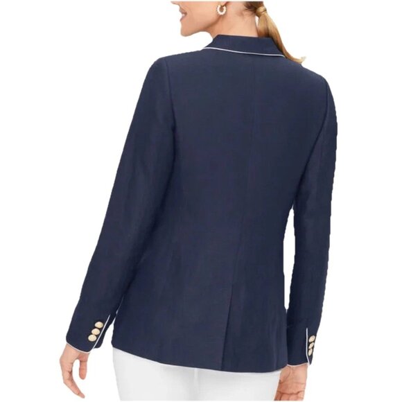 TALBOTS Navy Blue Piped 100% Linen Long Sleeve Jacket Sz 14 - Picture 2 of 11